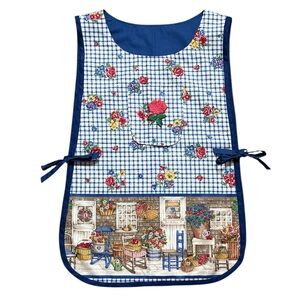 Vintage Handmade Smock Apron Floral Country Farmhouse Blue Checkered